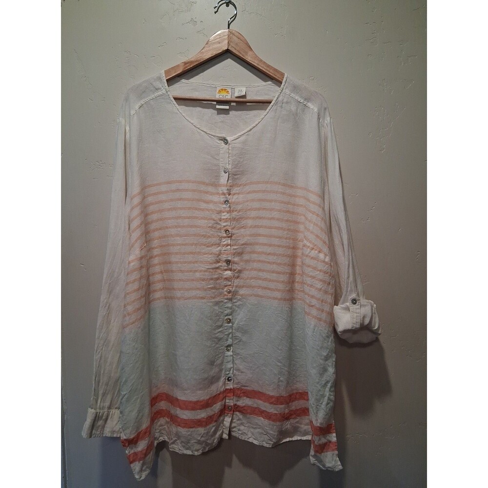 C &C California Women's 3X White 100% Linen Button Up Pastel Stripe Cuff Sleeve